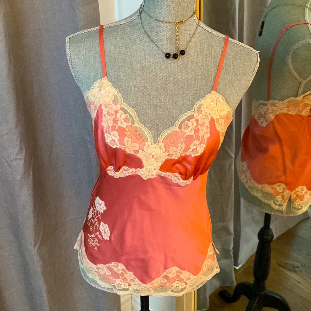 Coral silk lace cami top
